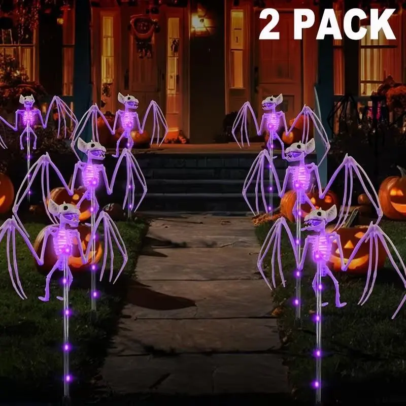 Halloween Outdoor Decorative Lights, Waterproof Solar Garden Lights, 3D Horror Bat Skeleton Lamp, Solar Path Light, Cemetery, Yard, House, Party, LED Decoration