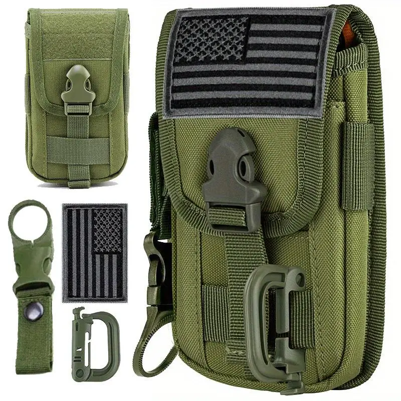 Men's Tactical MOLLE Pouch, Durable EDC Belt Bag for Hiking Enthusiasts with American Flag Patch, Water Bottle Buckle, 4.7-6.7" Phone Compatibility, Hiking Accessories, Fits 4.7-6.7"