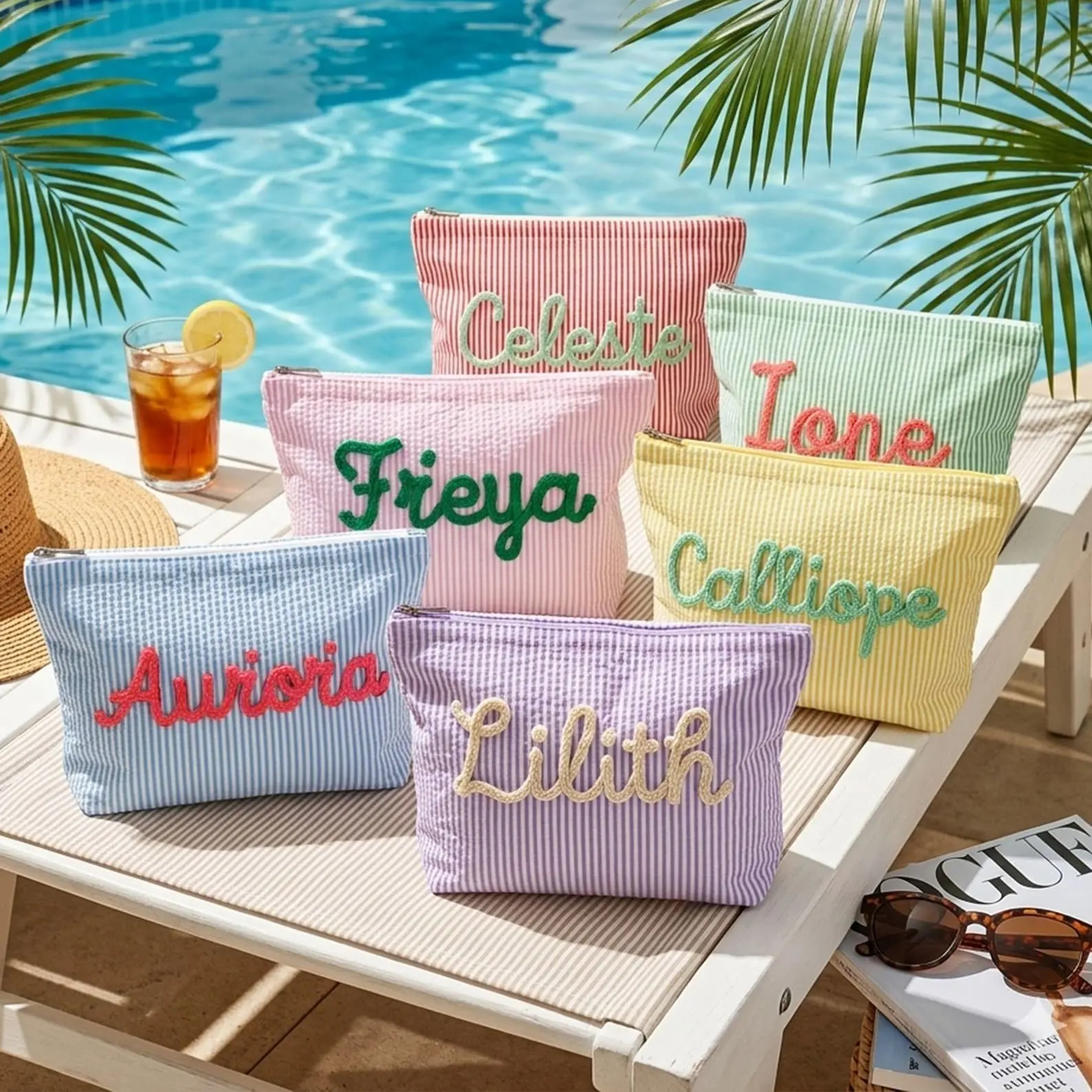 AS1003 Custom Seersucker Makeup Bag Vacation Travel Pouch Personalized Chenille Name Toiletry Bag Summer Beach Bag Organizer Cosmetic Gift for Her