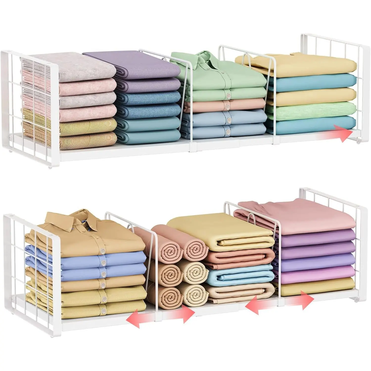 2-Pack Closet Organizers Stackable Clothing Storage Shelves, Expandable Clothes Shelf with Adjustable Divider Keeps Jeans Shirts Sweaters T-Shirts Tidy, for Bedroom RV Wardrobe System, White