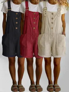 2026 Summer New Cotton Linen Solid Color Retro Pocket Straight Leg Overalls Bib Pants for Women, European and American Style, Cross-Border E-Commerce