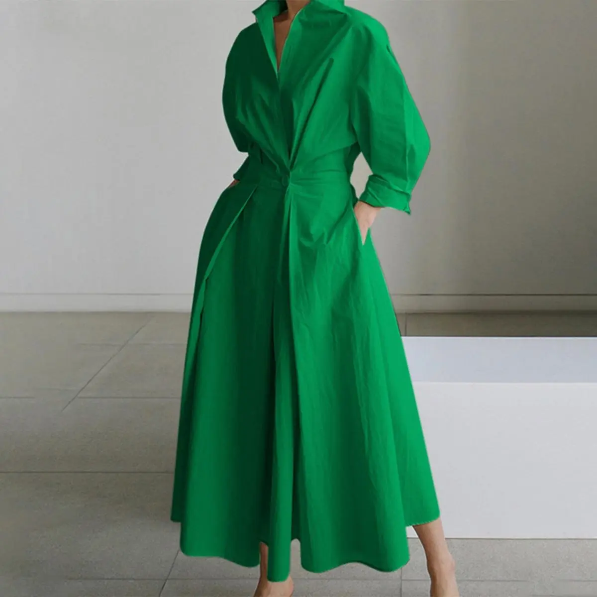 Women's Versatile Solid Collared Button Longsleeve Dress - Spring Style, Minimalist Loose-Fit Mid-Length, Elegant Small Waist Piece for Formal, Casual Commuting & Going Out Wear, Spring Fashion, Waist Design, Simple, Basic, Essential