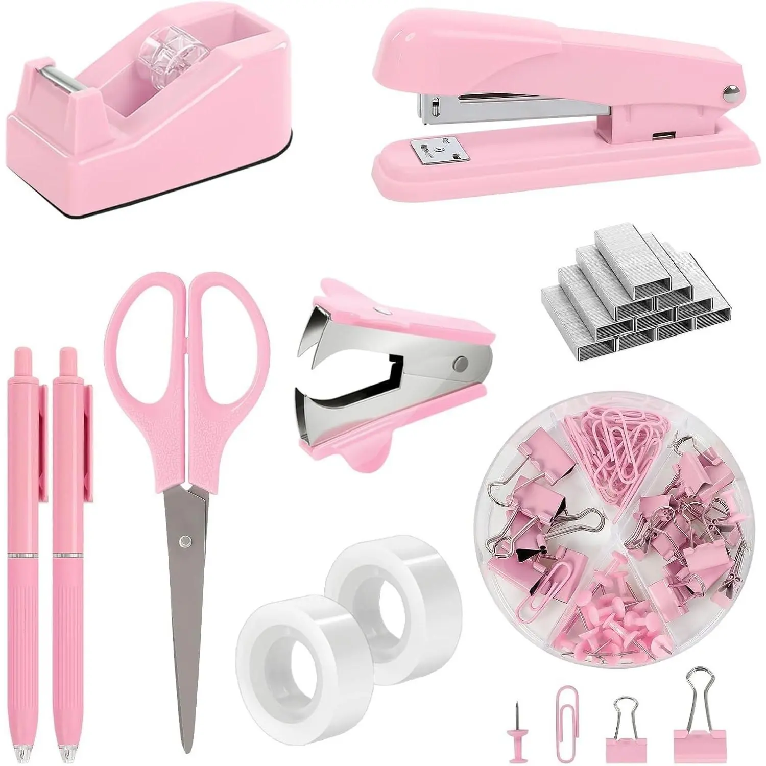 Pink Stapler and Tape Dispenser Set, Pink Office Desk AccessoriesGift