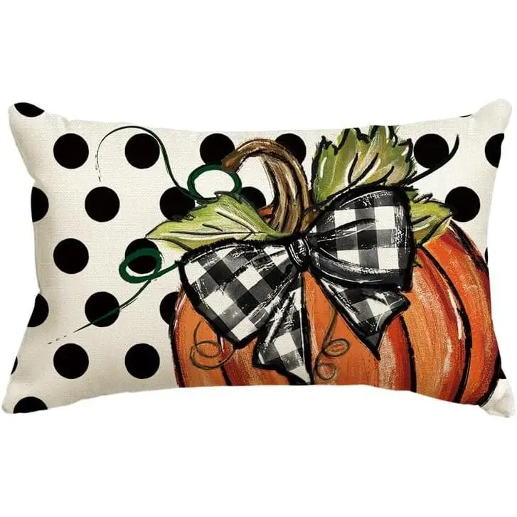 Fall Polka Dot Pumpkin Throw Pillow Cover 12x20 Inch, Seasonal Autumn Thanksgiving Harvest Decoration for Home Sofa Couch
