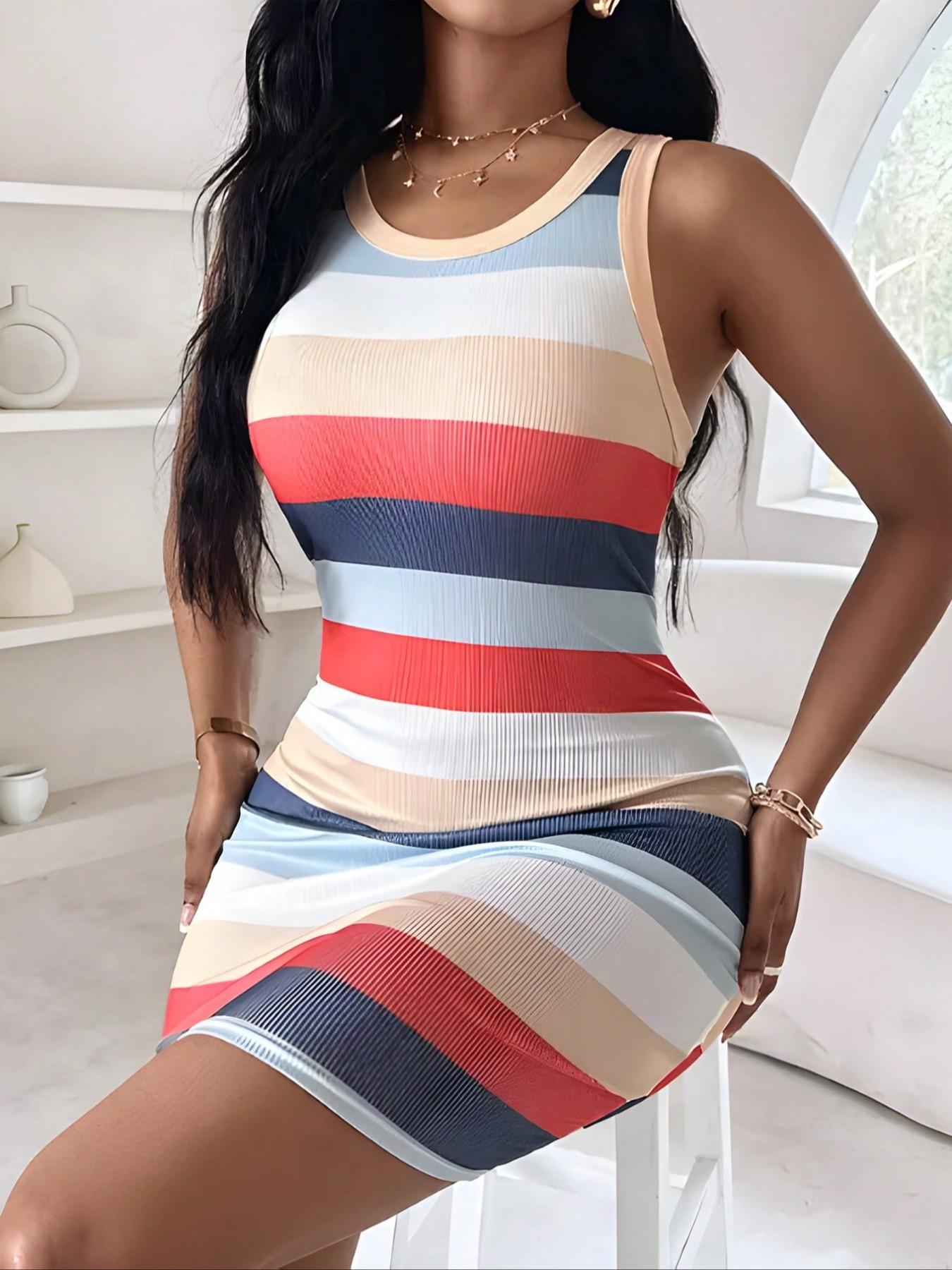 Women's Striped Print Round Neck Ribbed Tank Dress, Casual Boho Chic Sleeveless Mini Dress for Spring & Fall, Womenswear for Daily Wear, Casual Boho Fit, Casual Fashion Dress, Boho Casual Style, Boho Clothes