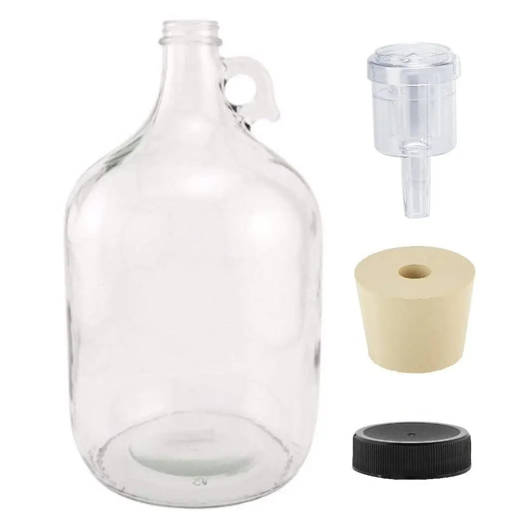 1 Gallon Glass Fermenting Jug with Handle, 6.5 Rubber Stopper, 2-Piece Airlock, Black Plastic Lid - Set of 1