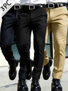 Men's 3-Pack Fashion Casual Dress Pants, Slim-Fit Elastic Business Office Pants, All-Season Comfortable Durable Fabric