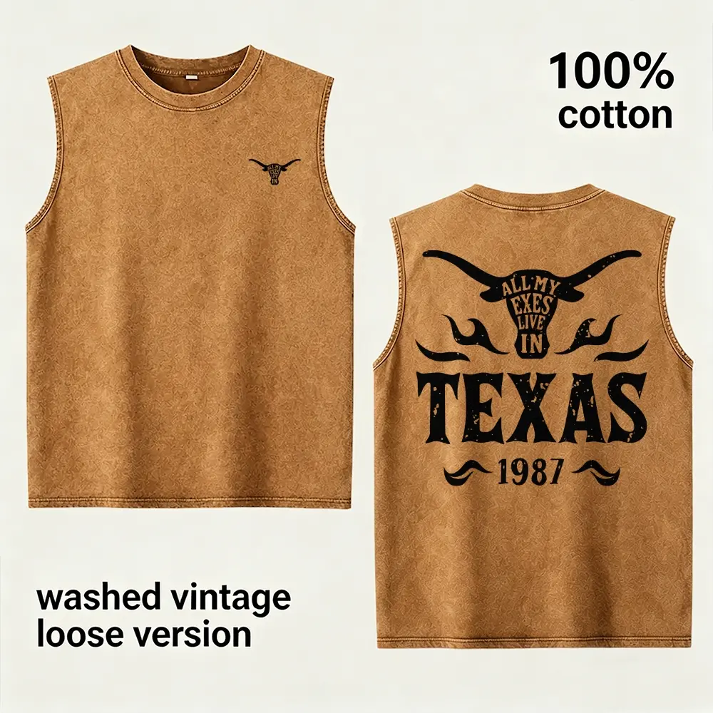 Brown Vintage Washed Texas 1987 Longhorn Double Print Sleeveless Tank Front Small Steer Head Emblem Back Big Texas Text Graphic Loose Cotton Western Daily Vest