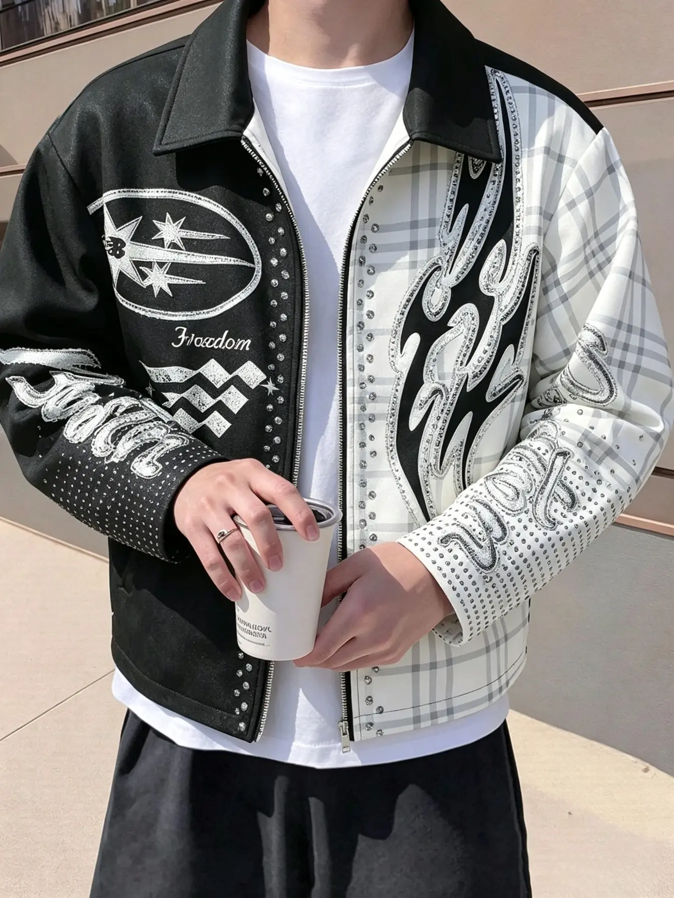 Men's Lapel Zipper Jacket, Plaid Patchwork Design, Rhinestone Rivet Cholo Style Star Flame Letter Print, Y2K Loose Streetwear Outerwear