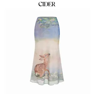 Cider Mesh Oil Painting Mid Rise Lettuce Trim Mermaid Maxi Skirt