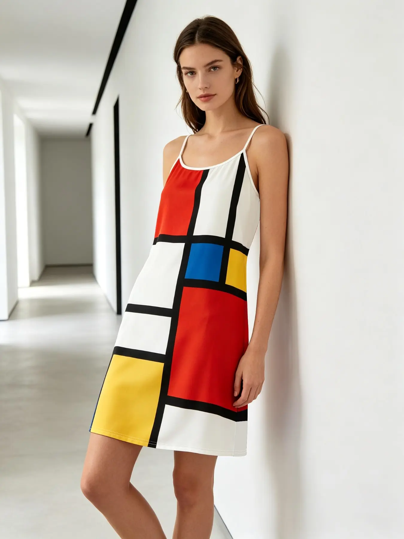 Mondrian Geometric Color Block Slip Dress Stylish Art Home Outfit
