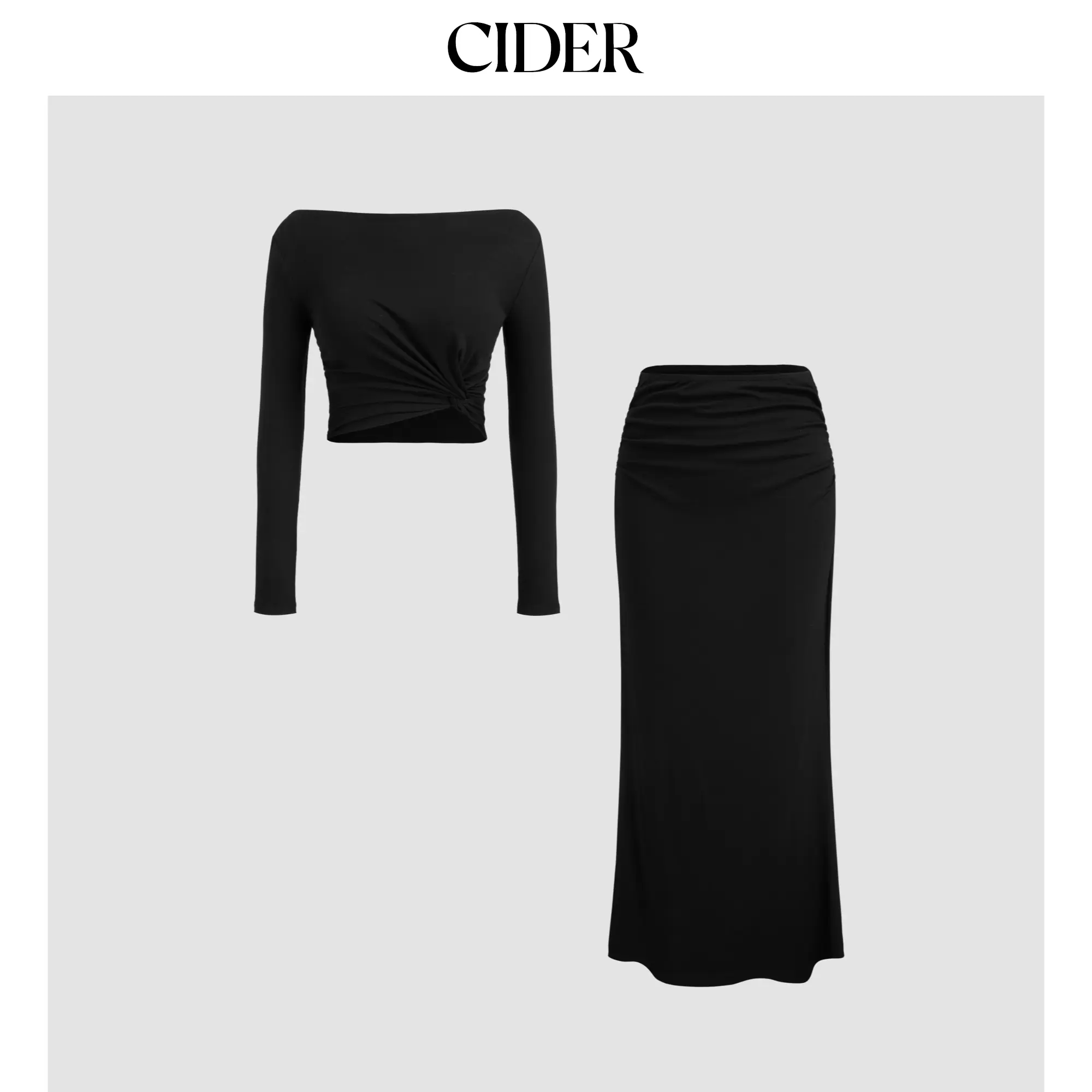Cider [size 2-10] Boat Neckline Solid Twist Long Sleeve Crop Top & Mid Rise Solid Ruched Maxi Skirt