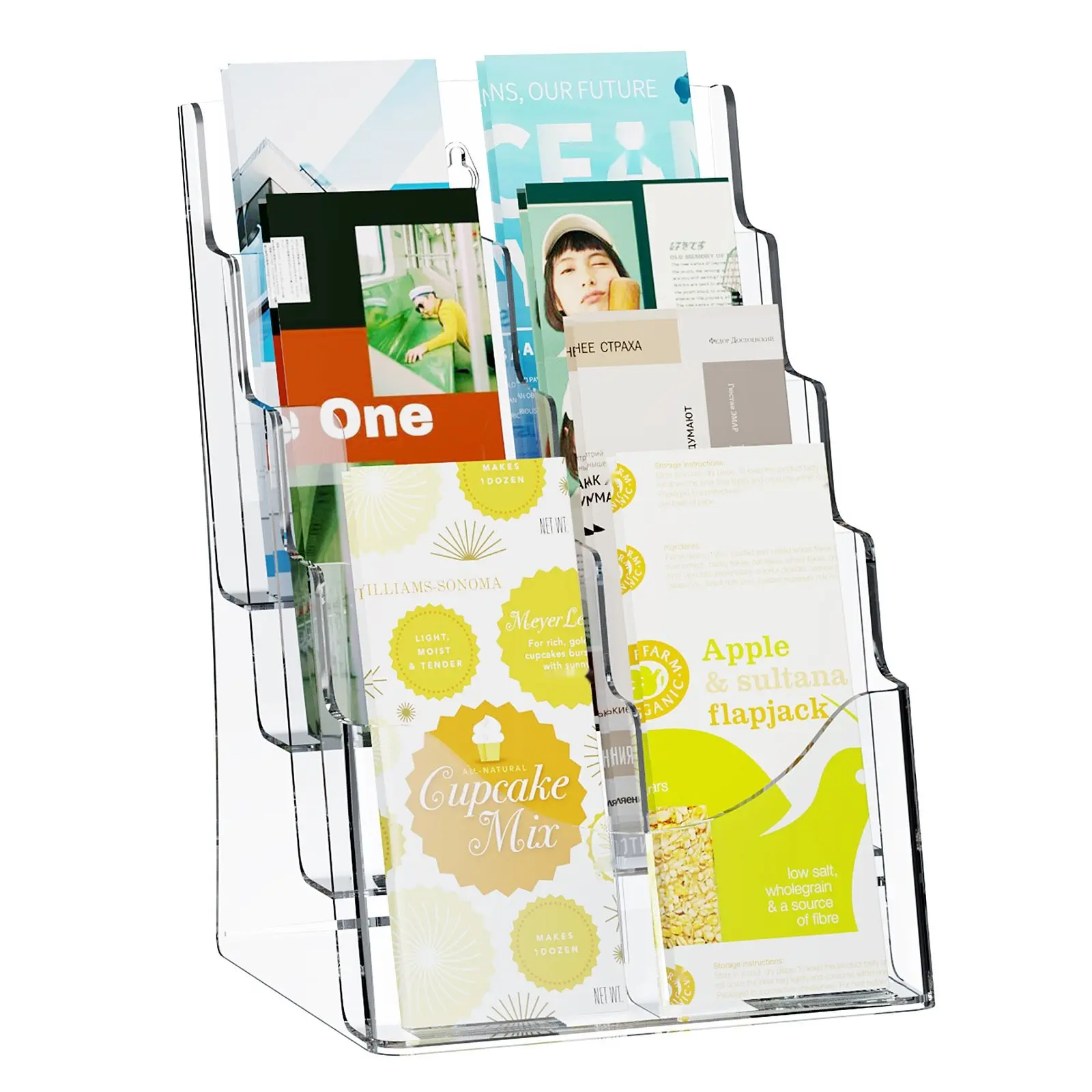 Acrylic Brochure Holder 8.5 x 11 Inch, 4-Tier Clear Literature Display Stand, Plastic Flyer Organizer With Removable Divider, Desk Countertop Mount Or Wall Mount For Office, Reception, Trade Show And Exhibition