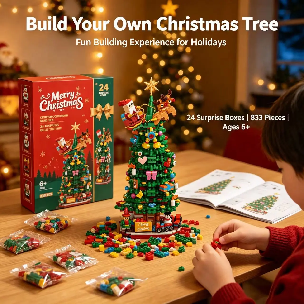 Christmas Building Blocks Creative Assembly Toy, Kids Christmas Craft DIY Puzzle Gift, Educational Christmas Scene Construction Set, Interlocking Building Block