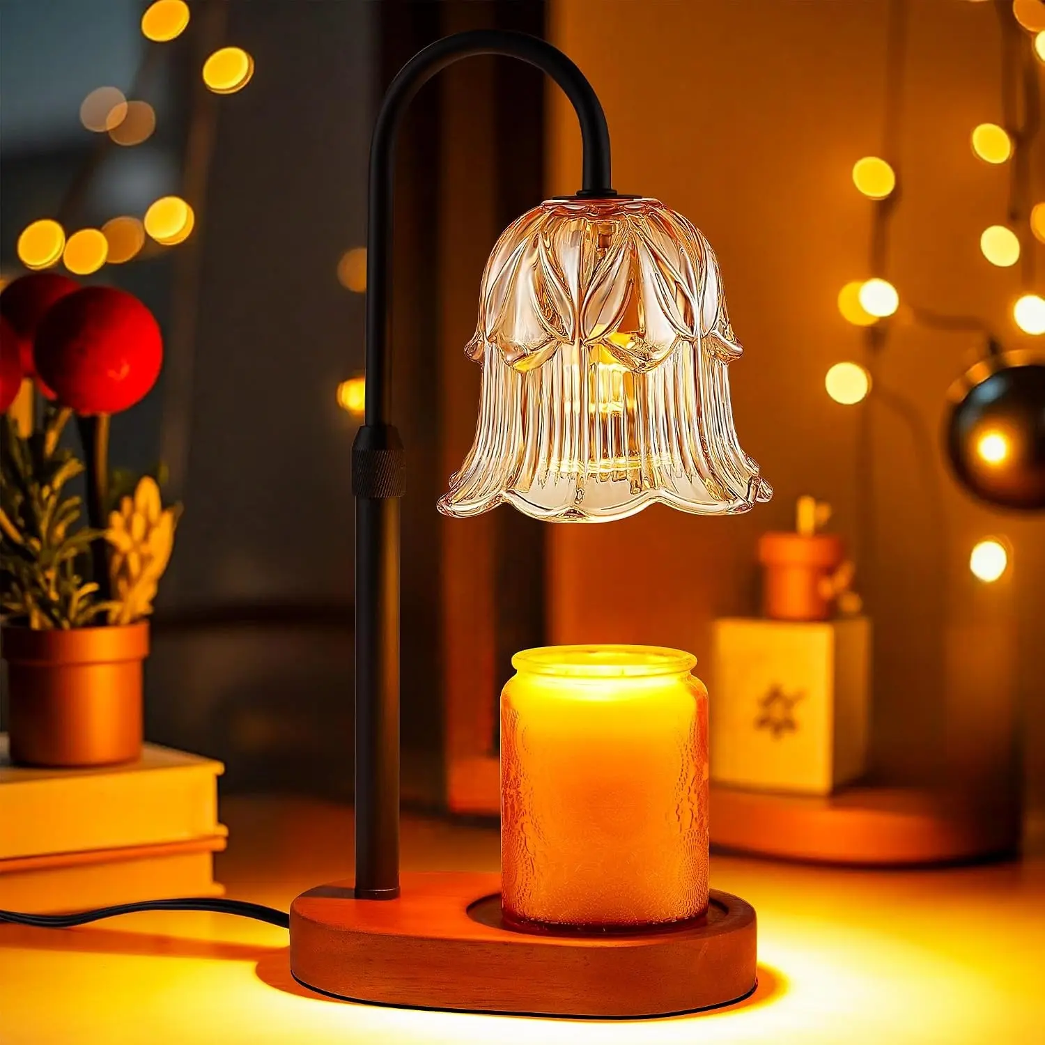 Electric Candle Warmer Lamp with Adjustable Timer - Amber Flower-Shaped Wax Melting Light for Home Bathroom Decor, Fragrance Jar Warmer with Walnut Accents, Minimalist