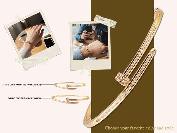 14K Gold Plated Brass Nail Bangle Bracelet for Women Men, 5A Cubic Zirconia Inlaid Unisex Stackable Non Tarnish Gold Bracelets