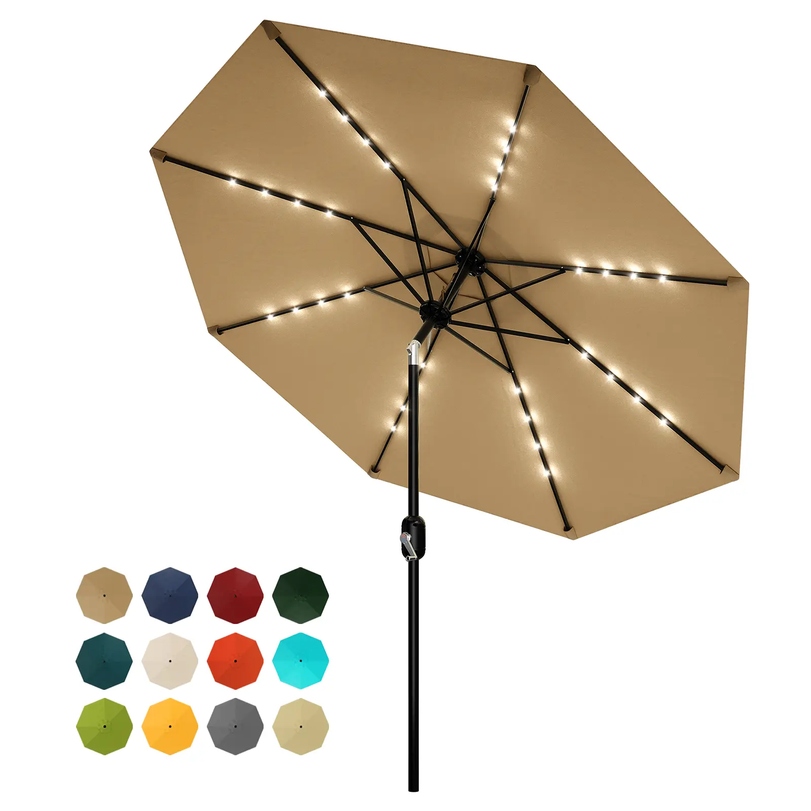 9FT Solar LED Patio Umbrella with 32 Lights, UV & Waterproof, Crank Tilt System, 8 Heavy-Duty Ribs Windproof Outdoor Umbrella for Pool Deck & Garden