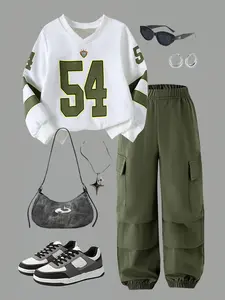 2-Piece Girls Sporty Tracksuit, V-Neck 54 Number Print Stripe Sweatshirt, Multi-Pocket Cargo Jogger Pants, Hip Hop Street