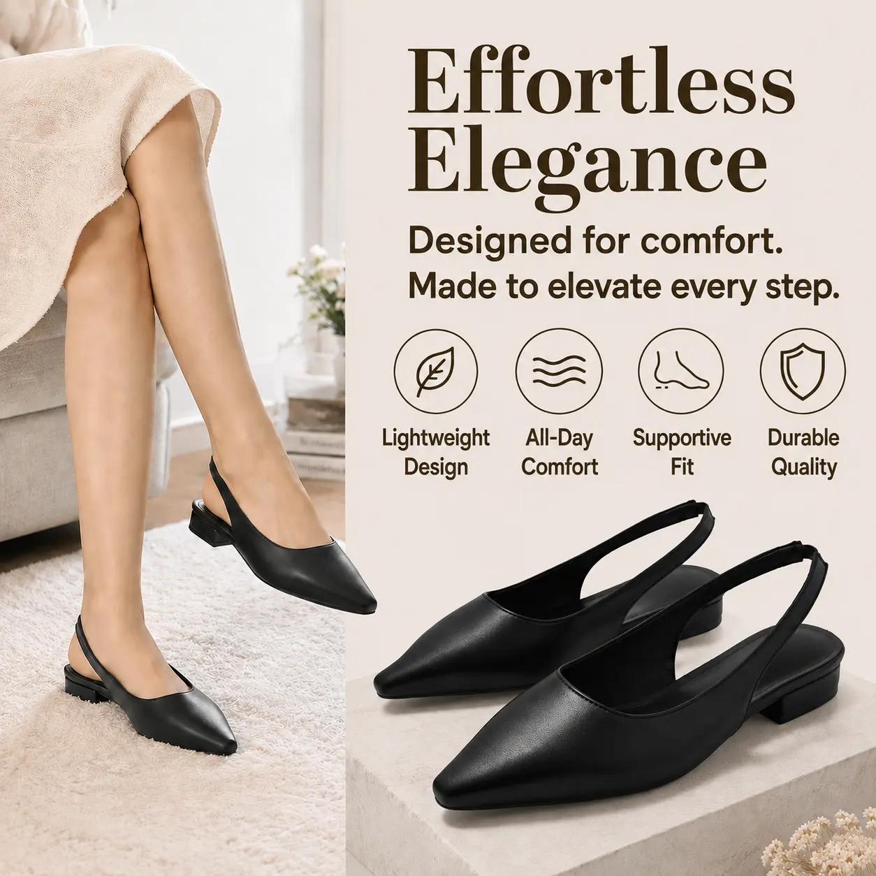 Women's Faux Leather Pointed-Toe Slingback Flats - Elegant Low-Heel Dress Sandals, Comfortable Slip-On for Work & Everyday Wear, Stylish Open-Toe for Spring Summer