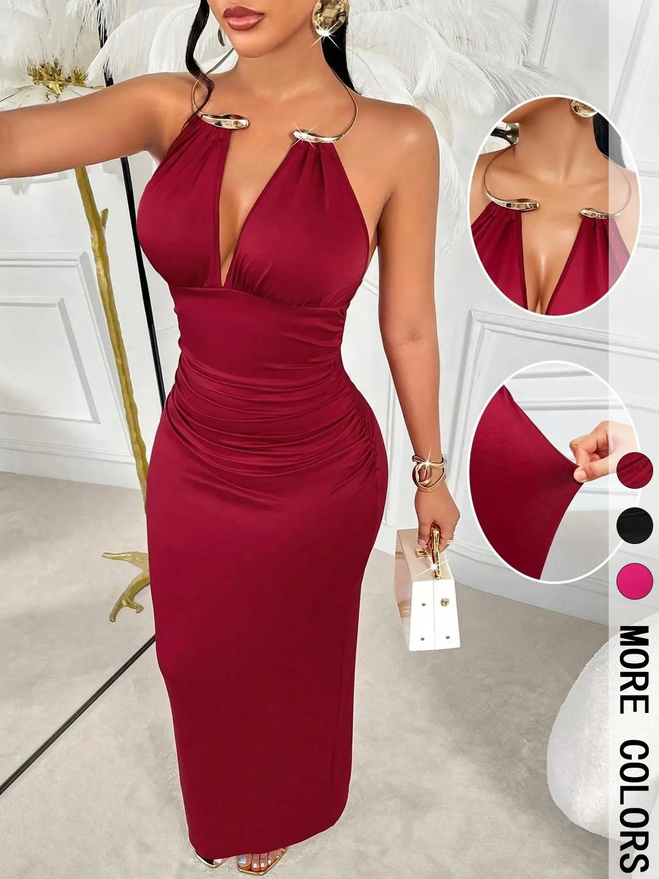 Women's Metal Ring Halter V-Neck Strapless Evening Dress, Evening Formal Wear, Back Split Design, Waist Cinch, Floor-Length, Party/gala/birthday Gown