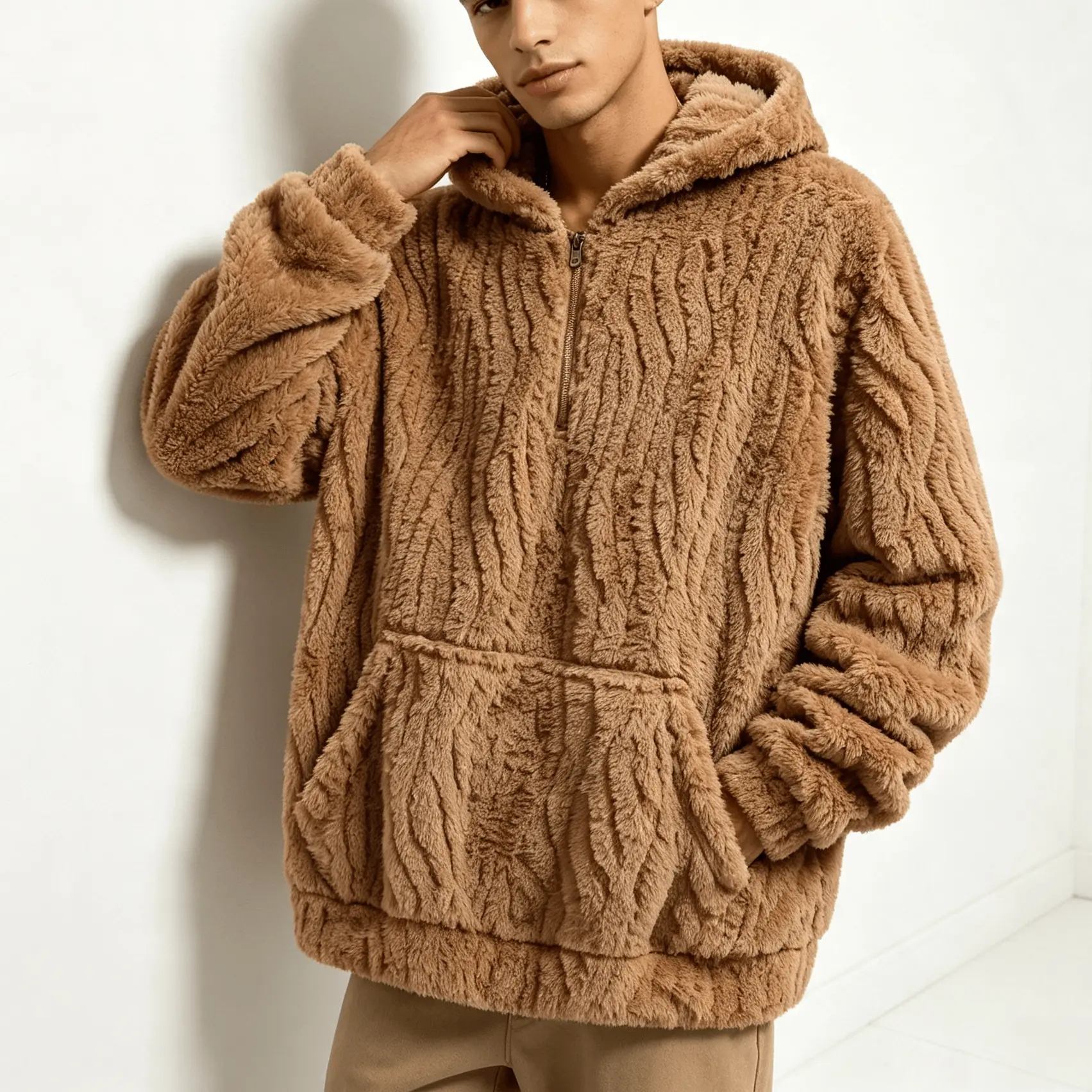 Men's fleece half zip hoodie, soft and thickly padded cozy sweatshirt, loose casual winter jacket, perfect for young men, ideal for everyday streetwear and at home wear