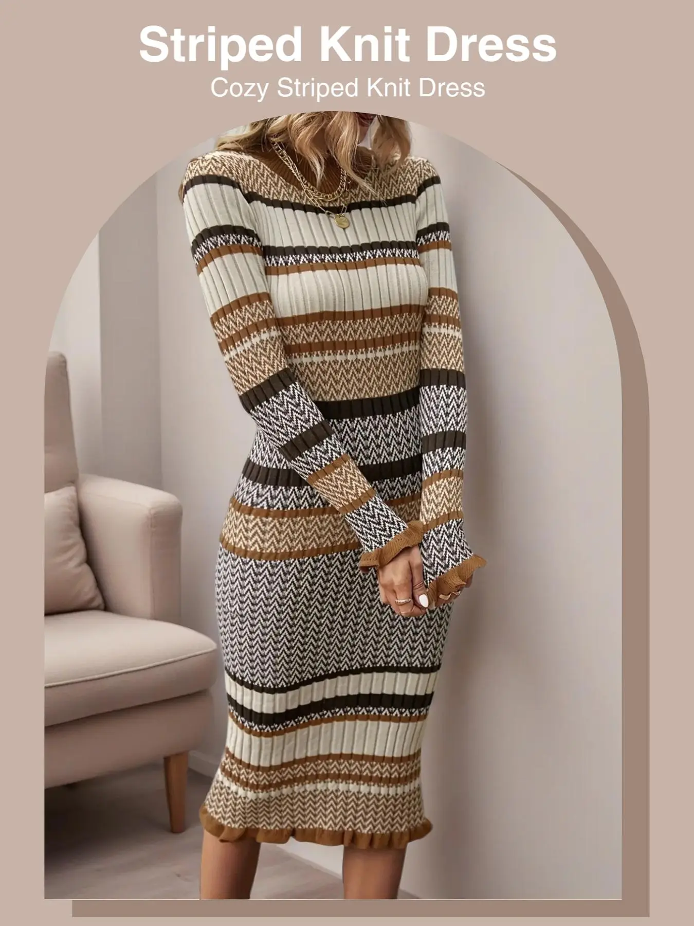 Women's Long Sleeve Striped Knit Dress, Pleated Hem, Tight Fit, Knee Length, Casual Fall & Winter, Multiple Colors Available