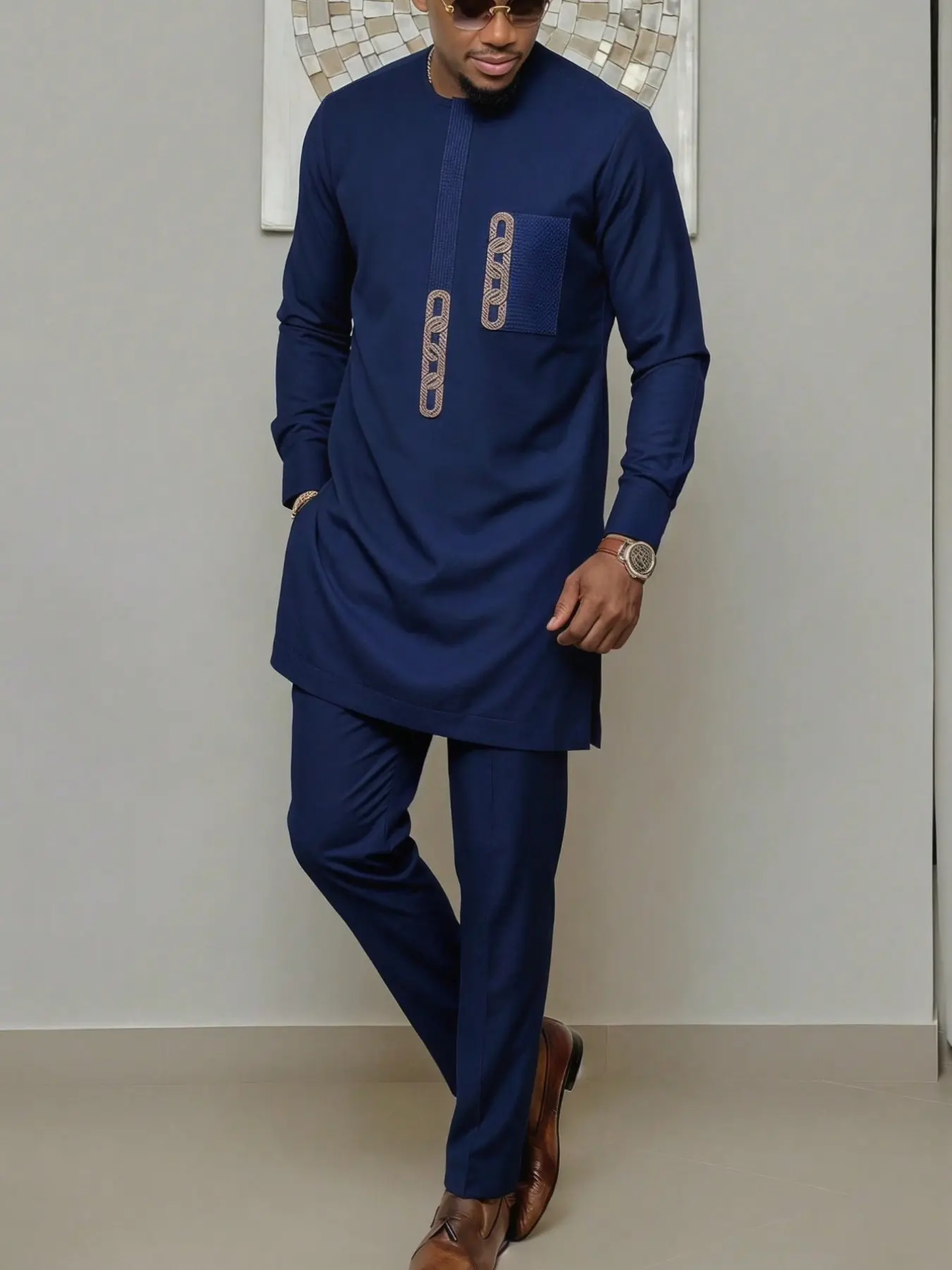 Muslim Men's 2-Piece Set African Boubou Long Sleeve Embroidered Ethnic Suit Clothing, Modest Elegant Formal Wear for Festivals Weddings Parties Gifts