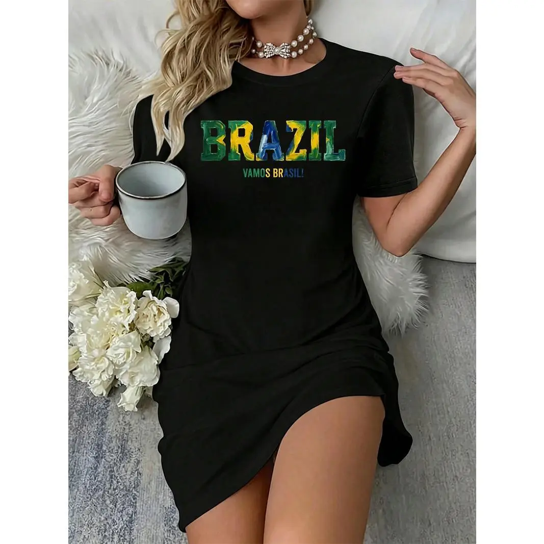 Women's Oversized Brazil Flag Graphic T-Shirt Dress, Casual Short Sleeve Streetwear Mini Dress for Daily Wear, Spandex, Breathable, Shortsleeve, Lightweight, Short Sleeves, Lady, Fabric, Cold Wash, 300G, Dates