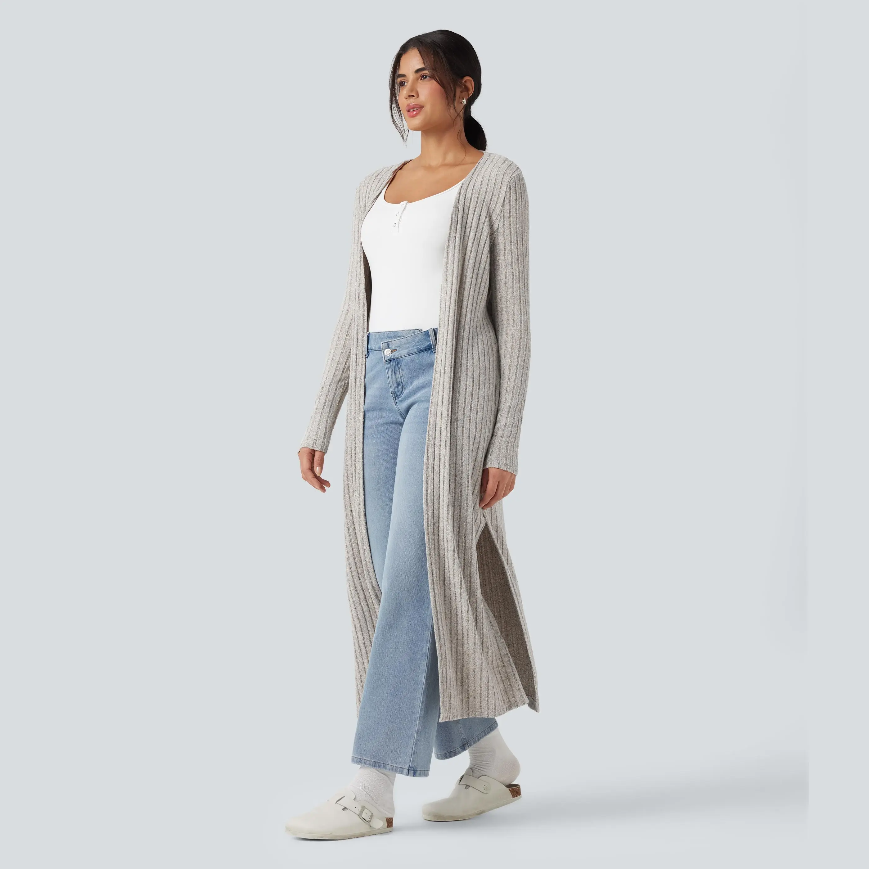 Halara Ribbed Knit Long Sleeve Split Casual Longline Cardigan