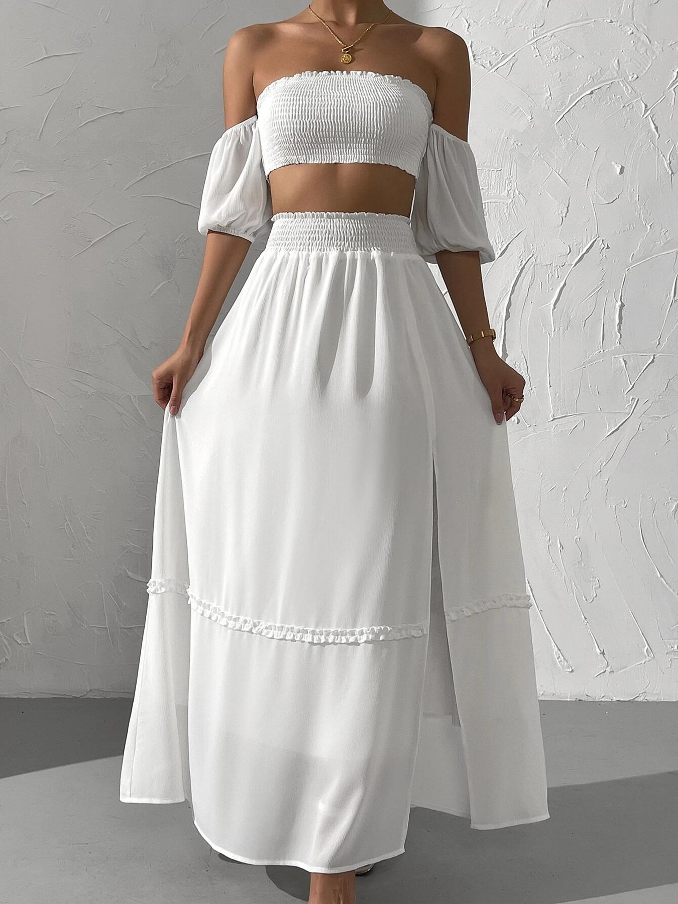 Women's Solid Off Shoulder Fitted Crop Top & Split Hem Skirt Two-Piece Set, Casual Fashion Cozy Two Piece Outfits for Daily Outdoor Wear, Ladies Clothes for All Seasons