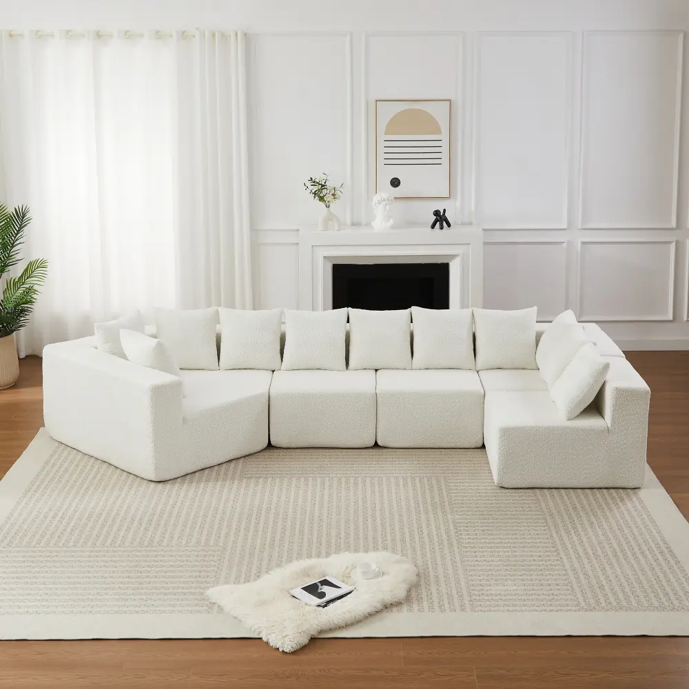 151.6-inch Extra-Large L-Shaped Deep-Seat Modular Sofa Chenille Fabric Sectional Sofa Includes 11 Pillows Curved Recliner Floor-Standing Living Room Sofa No Assembly Required Beige