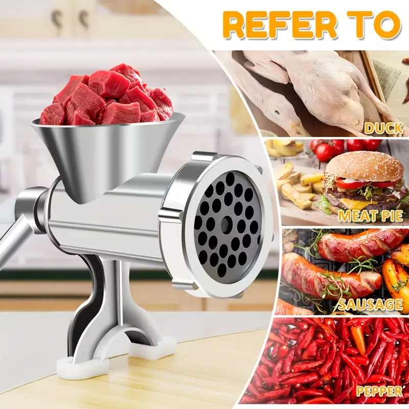 Manual Meat Grinder with a Durable Stainless Steel Structure, Featuring a Tungsten Steel Blade, a Meat Plate, And Three Sausage Tubes, Designed for Home Or Professional Kitchens Without The Need for Electricity