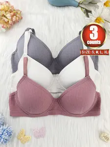 3 pieces set, Medium, lace women's bra, Unlined Bra, steel ring style support feeling bra, back buckle style bra, adjustable strap bra, women' lingerie, Underwear, casual bra, shaping curve comfortable lift, simple design daily wear