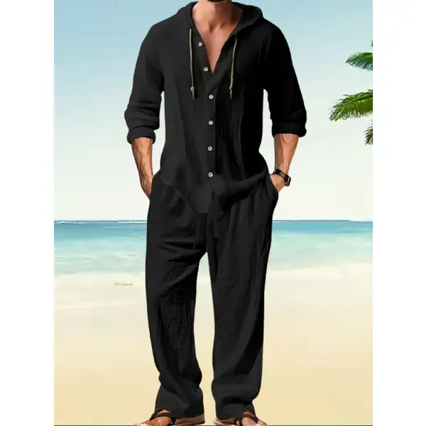 Men’s Casual Linen-Blend 2-Piece Hooded Outfit, Breathable Long Sleeve Shirt and Pants Set, Lightweight Summer Outfits for Relaxed Beach Mensfashion