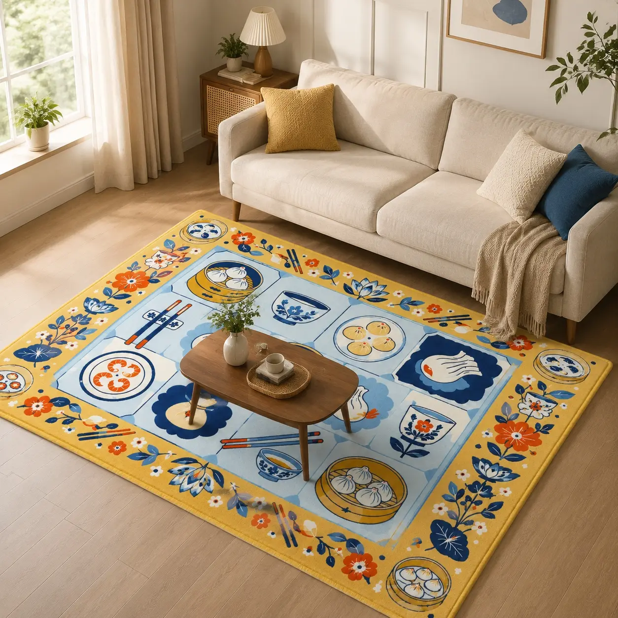 Chinese Dim Sum and Tea Pattern Rug Long Pile Faux Cashmere High Definition Print Machine Washable Non-Slip Living Room Bedroom Floor Mat
