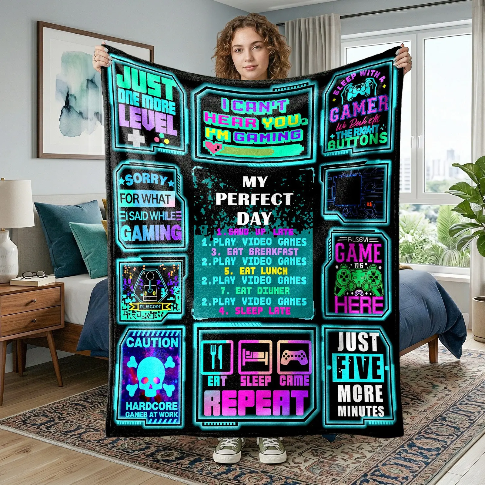 1pc Neon Cyber Gaming Slogan Collage Fleece Blanket, Black Background Fluorescent Game Frame, Funny Gamer Text Print. Soft Warm Multi-use Throw for Sofa, Bed, Office, Camping, Ideal Christmas Gift.