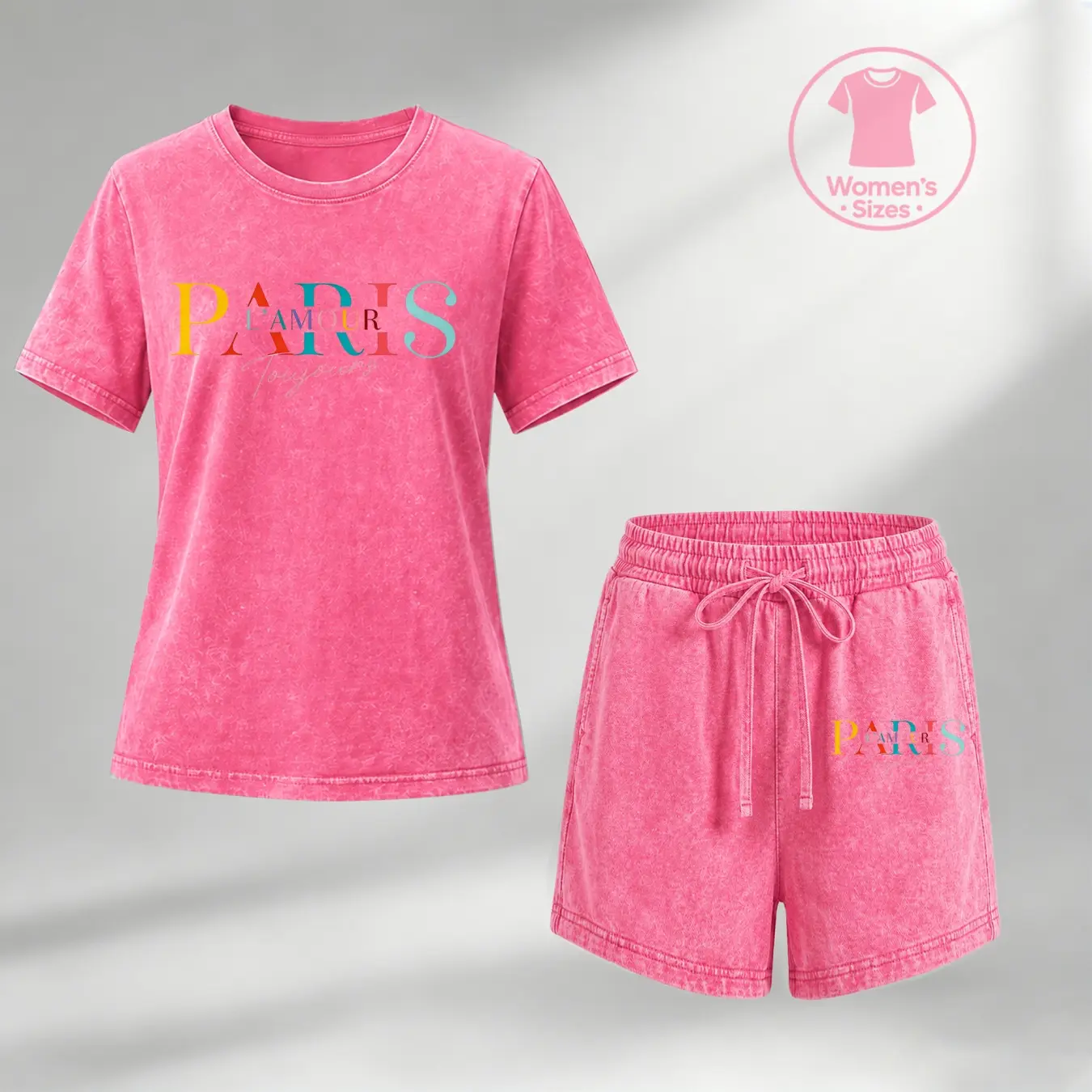 Women’s 100% Cotton Mineral Washed Shorts Set, Casual Paris Print Short Sleeve T Shirt and Matching Shorts, Soft Breathable Summer Lounge Outfit for Daily Wear