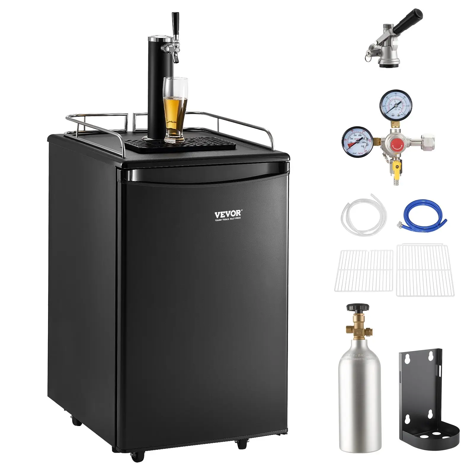 Beer Kegerator, Single Tap Draft Beer Dispenser, Full Size Keg Refrigerator with Shelves, CO2 Cylinder, Drip Tray Rail, 32F- 50F Temperature Control, Holds 1/6, 1/4, 1/2 Barrels, Black