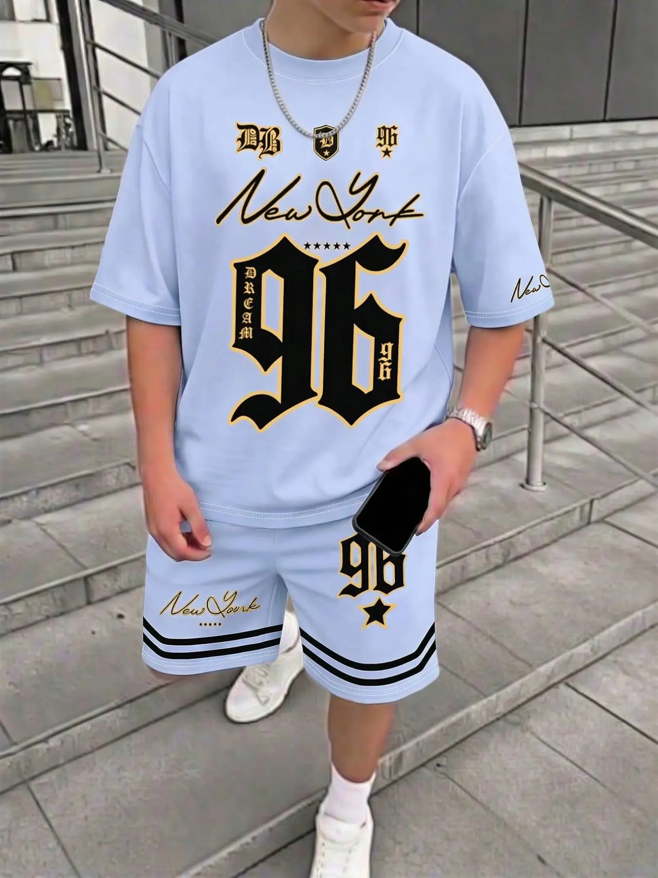 Boys' Summer Two-Piece Sports Set, with Stripes, Gothic Number 96 Print, Casual Loose-Fit, Streetwear Style, All Seasons