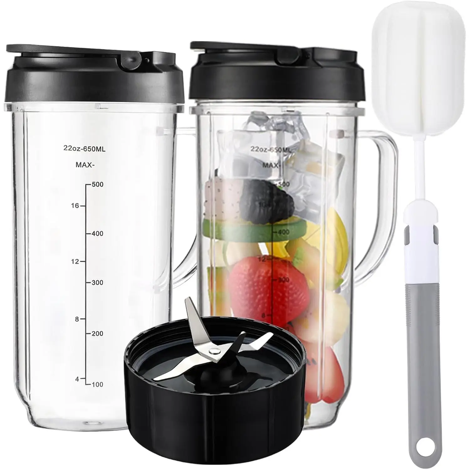 Magic Bullet Blender Replacement Parts - 22oz Food Grade Tall Cup with Dual Marks, Flip Top To-Go Lid, Handle, Cross Blade, 1 Dishwasher Safe Easy Clean Brush for Protein Shakes, Healthy Lifestyle (250w MB1001 MBR-0701AK)