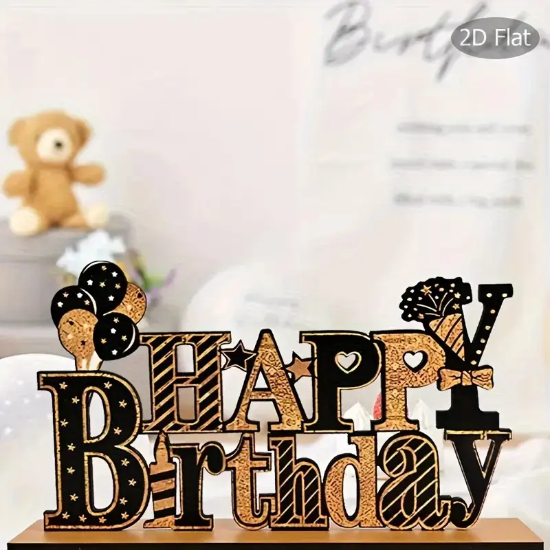 Happy Birthday Wooden Table Decor, 2D Flat NOT 3D, Black Gold Happy Birthday Table Sign with Balloon Candle Party Hat, Birthday Party Table Centerpiece Decoration for Home Birthday Party Supplies