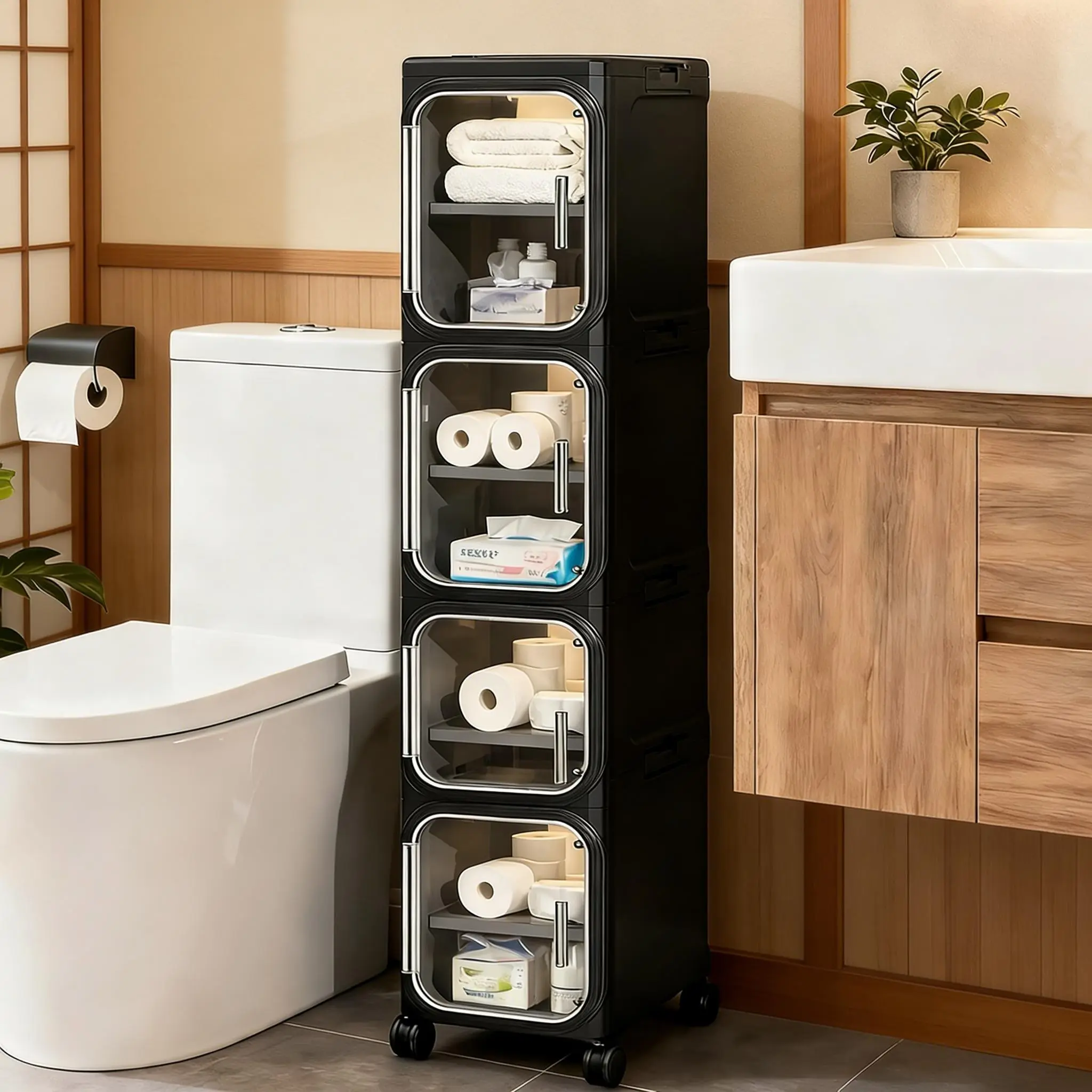 4-Tier Tall Narrow Storage Cabinet, Slim Bathroom Storage Cabinet with Adjustable Shelves and Wheels, Narrow Organizer for Small Space, Bathroom, Kitchen, Laundry, White