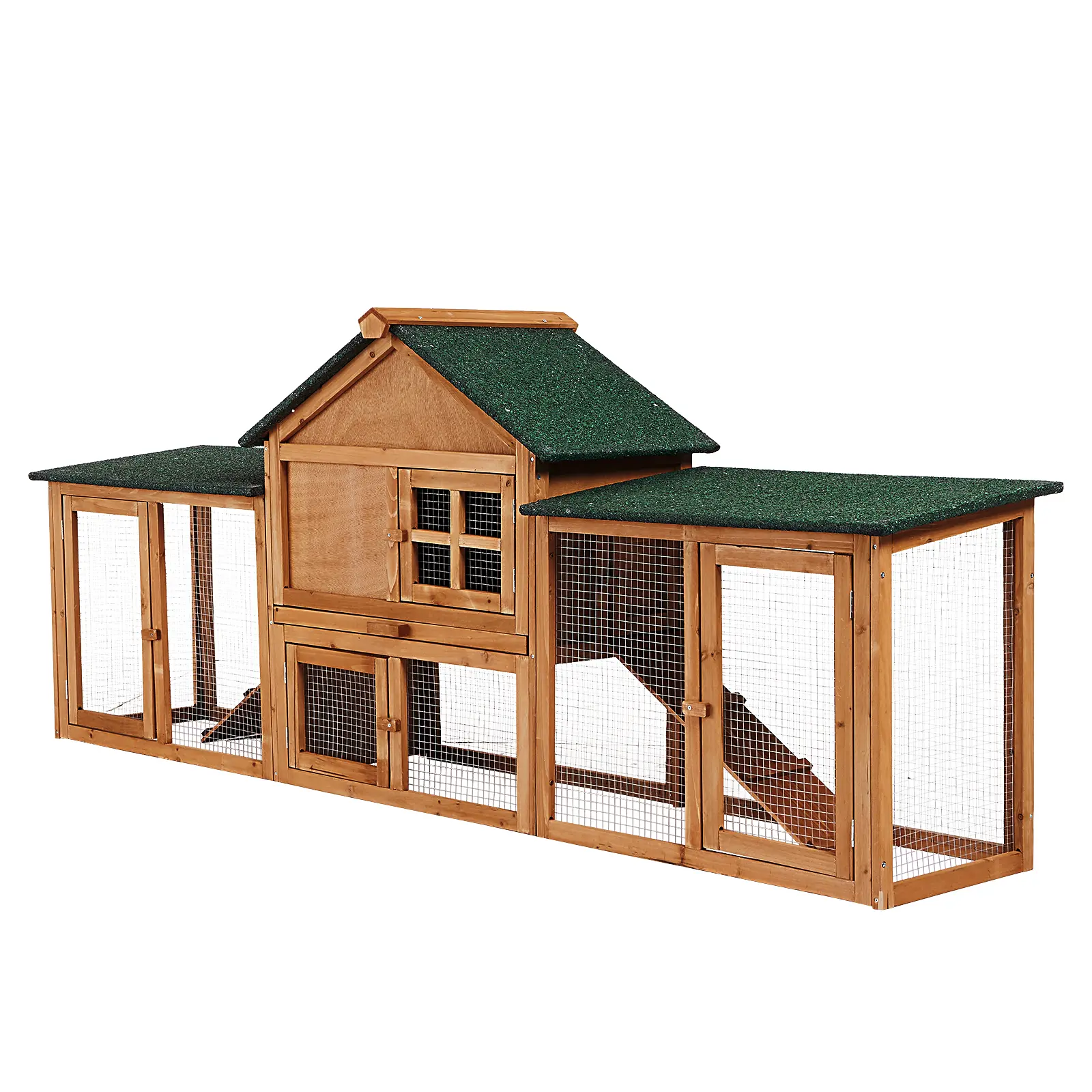 Weatherproof Wooden Chicken Coop with Dual Outdoor Runs, Easy Clean Pull Out Tray, Nest Box & Ramp, Spacious Backyard Hutch for 2-4 Chickens, Rabbits, Guinea Pigs