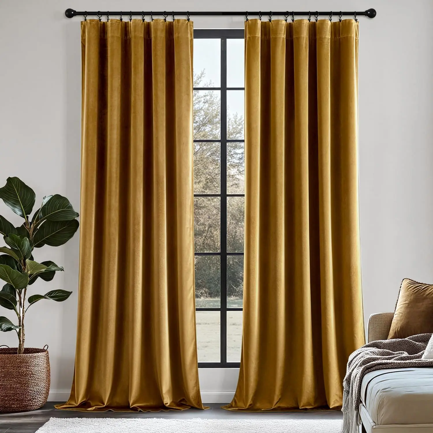 Gold Velvet Curtains 84 Inch Long 2 Panels, W40 x L84| Luxury Soft, Thermal, Room Darkening Drapes, Rod, Window Curtains for Bedroom Living Room