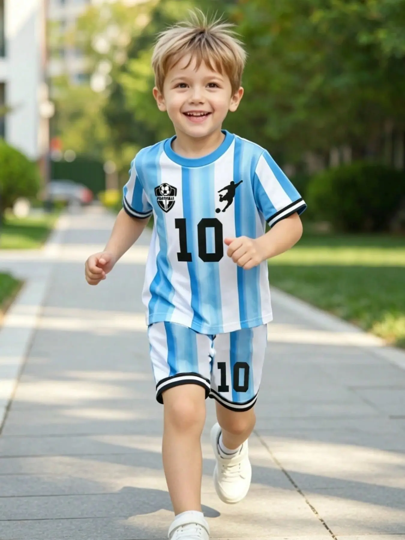 Argentine Style Sport Set, Blue Stripes Number 10, Breathable Quick-Dry, Loose Fit, Football Badge Design, Outdoor Training
