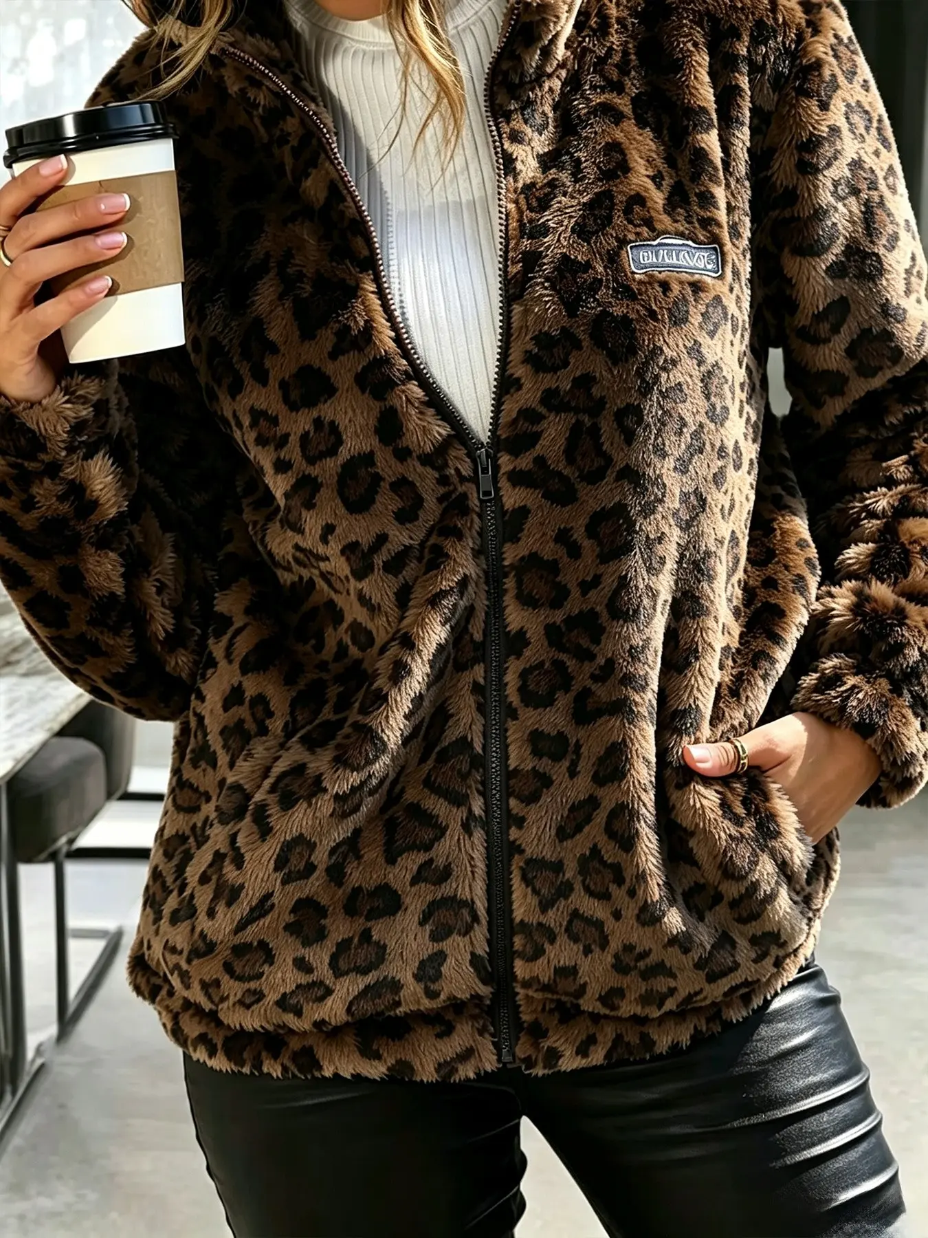 Vintage Leopard Print Fleece Stand Collar Zipper Jacket, Thick Warm Loose Fit Sweatshirt, Street Style, Fall Winter Fashion