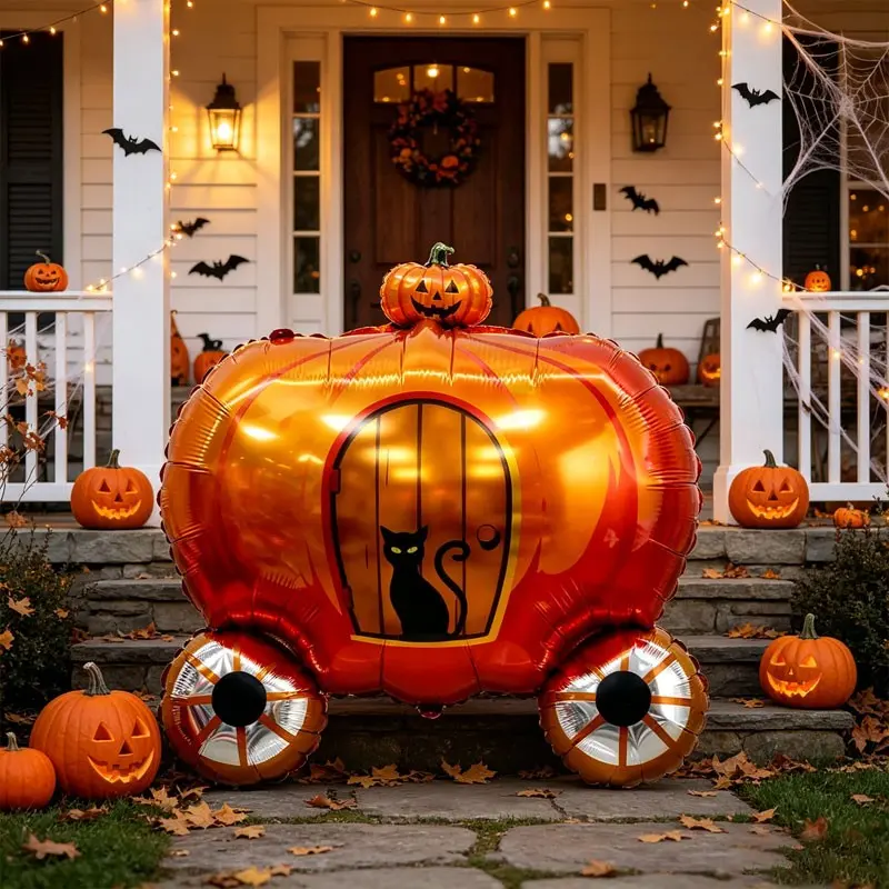 1pcs/2pcs Halloween Pumpkin Carriage Black Cat Aluminum Foil Balloon，Perfect for Halloween Party Decor, Market Stalls, Halloween Carnival Decorations, Parent-Child Halloween Activities，Horror-themed party decorations, haunted house setup