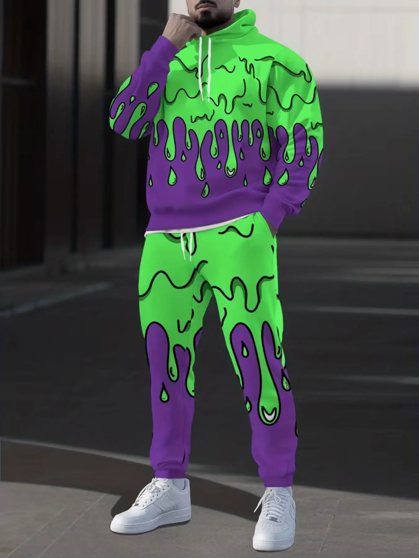 Hip Hop Style Liquid Graffiti Digital Print Sports Set, Casual Sporty Set, Unisex Drawstring Hooded Long Pants, Casual Loose Fit, Graphic Tracksuit Set