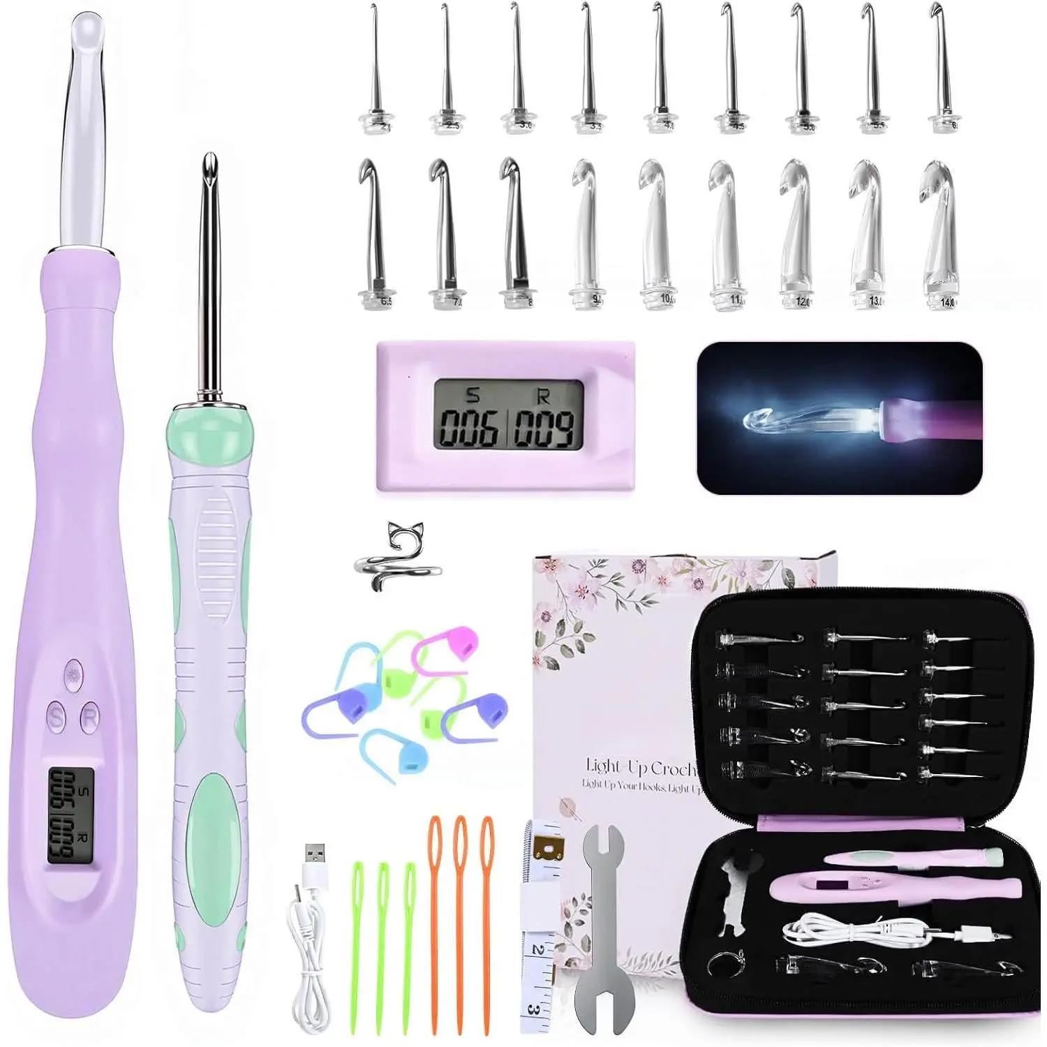 Light Up Crochet Hook Set with /Row Counter, 18 Replaceable Heads (2mm-14mm) Crochet Hooks, Bright/Low Light Modes with  Handle, 7-9hrs Runtime,  Box for Crafters