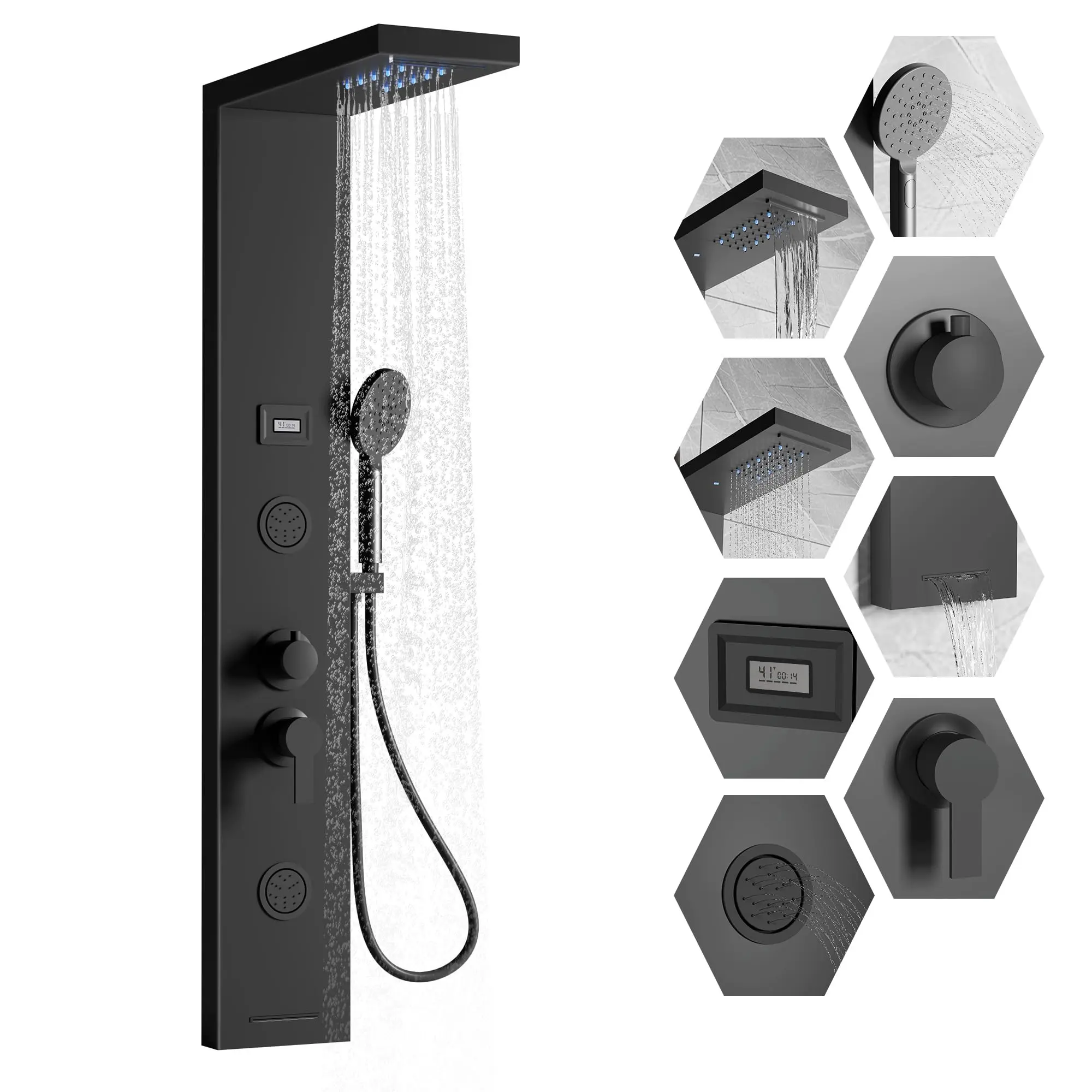 6-In-1 LED Shower Panel System - Brushed Nickel 304 Stainless Steel Tower with Rainfall, Waterfall, Body Massage Jets & Handheld Spray